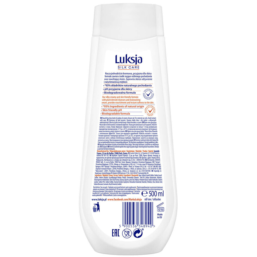 Luksja Silk Care, romige douchegel, voedend, sheaboter en jojoba-olie, 500 ml