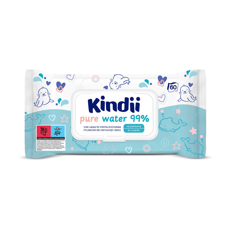 Kindii Pure Water 99%, lingettes humides pour bébés et enfants, 60 pièces