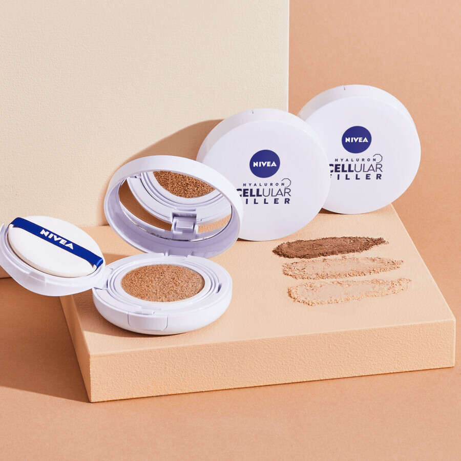 Nivea Cellular Expert Finish 3-in-1 Care Cushion, cremă antirid-primer într-o pernă, 02 natural, SPF 15, 15 g