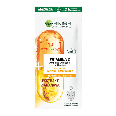 Garnier Skin Naturals, fiolă împotriva semnelor de oboseală într-o mască din țesătură, vitamina C și ananas, 15 g