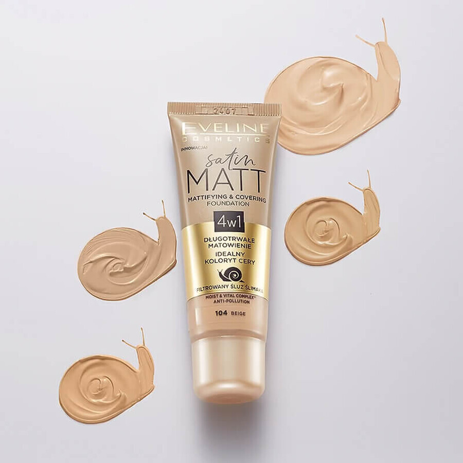 Eveline Cosmetics Satin Matt Foundation, Fond de ten matifiant pentru față, 104 Beige, 30 ml