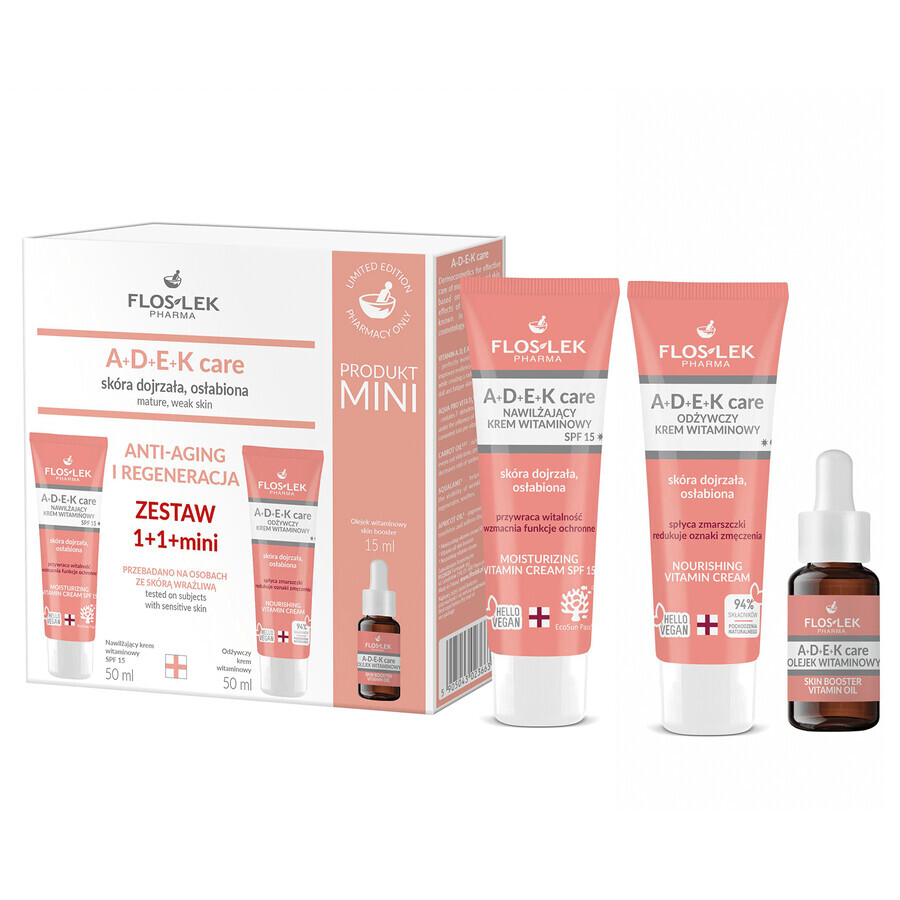 Set Flos-Lek A+D+E+K Pflege, feuchtigkeitsspendende Vitamincreme, SPF 15, 50 ml + nährende Vitamincreme, 50 ml + Vitamin Skin Booster Öl, 5 ml