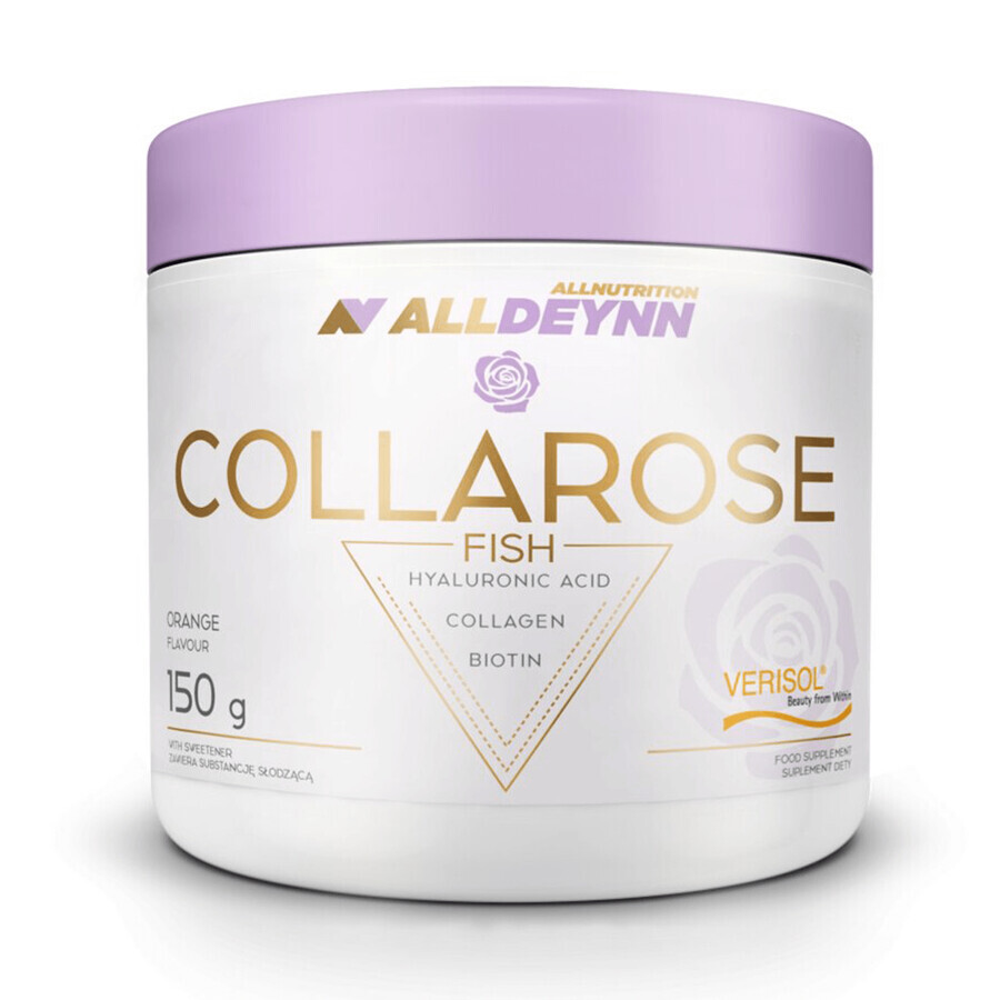 Allnutrition Alldeynn CollaRose Fischorange, 150 gNeuheit: Kollagenpulver mit zartem Fisch- und fruchtigem Orangengeschmack - 150 g-Packung. Ideal für gesunde Haut, Haare und Nägel.