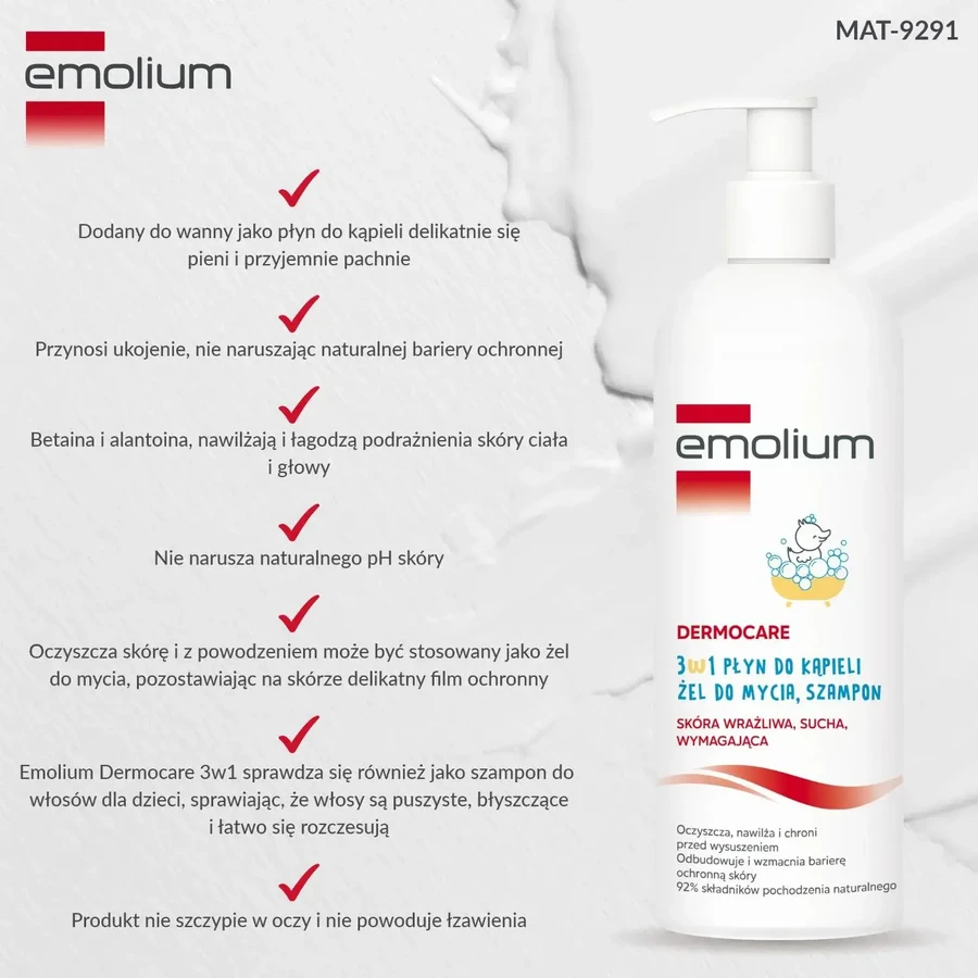 Emolium Dermocare 3în1, loțiune de baie, gel de spălare și șampon, după 1 lună, 400 ml