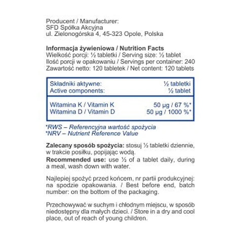 SFD D3 4000 IE + K2, vitamine D 4000 IE + vitamine K 100 µg, 120 tabletten