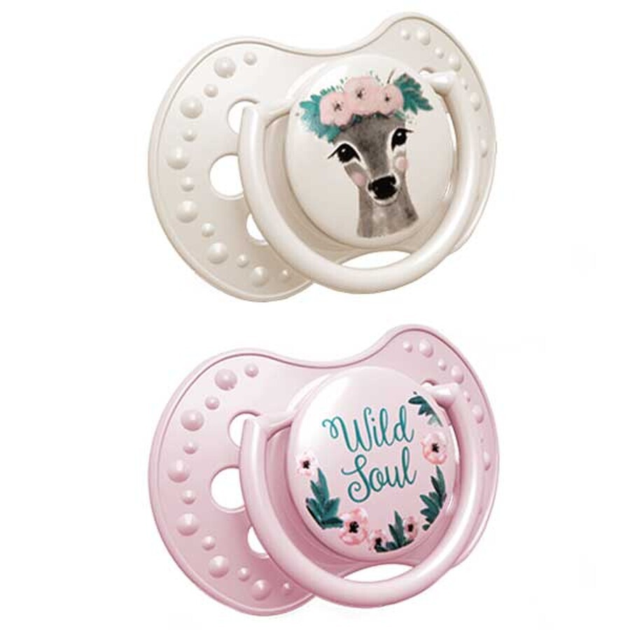 Silikon Schnuller Set für Baby Mädchen 3-6 Monate, Design Wild Soul, Packung mit 2 Stück