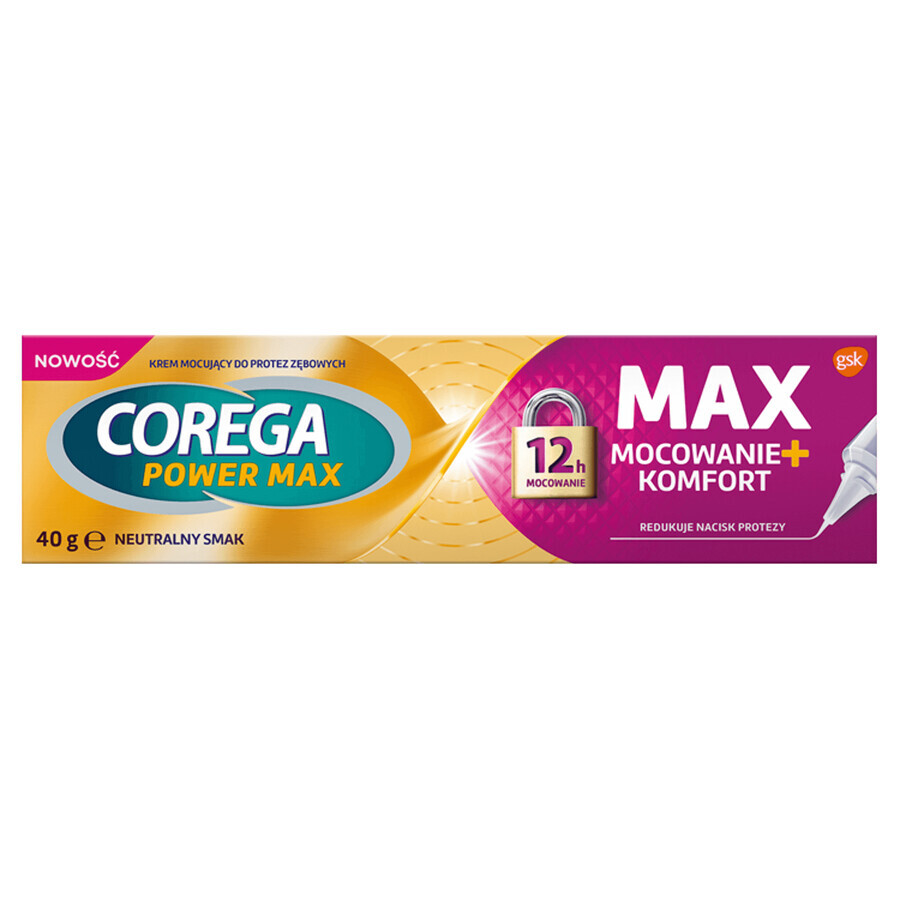 Corega Power Max Fixation + Comfort, cremă de fixare pentru proteze dentare, neutră, 40 g