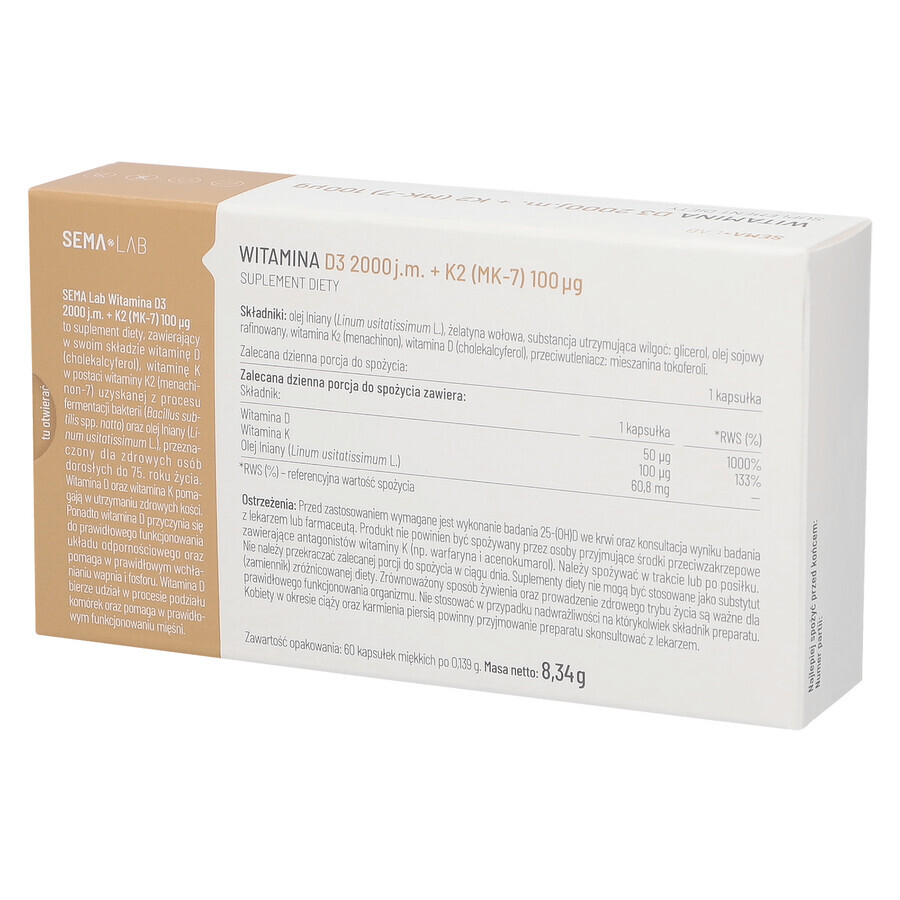 SEMA Lab Vitamin D3 2000 IU + K2 (MK-7) 100 µg, 60 Weichkapseln SHORT DATE