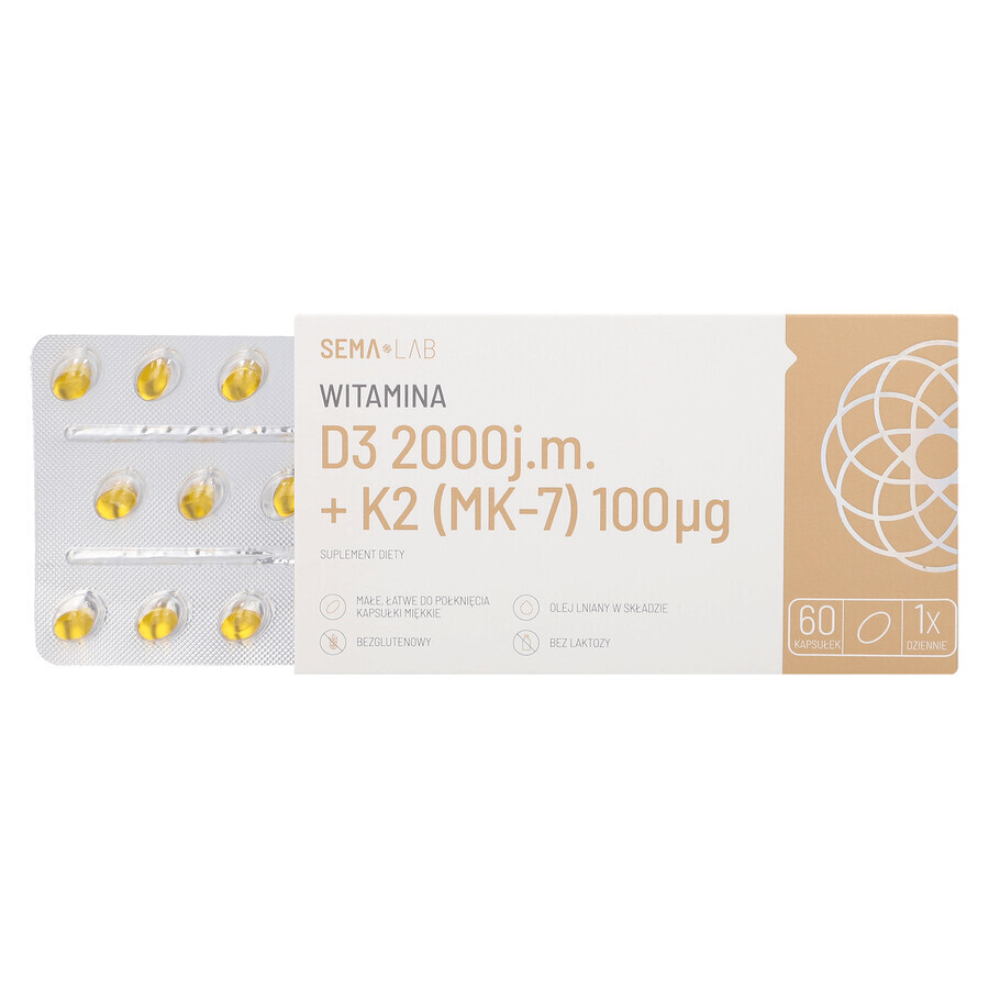 SEMA Lab Vitamin D3 2000 IU + K2 (MK-7) 100 µg, 60 Weichkapseln SHORT DATE