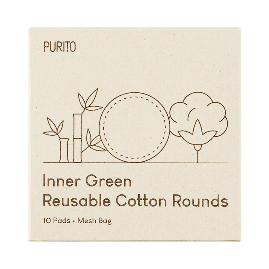 Purito Inner Green Reusable Cotton Rounds, Bambus und Baumwolle wiederverwendbare Wattepads, 10 Stück