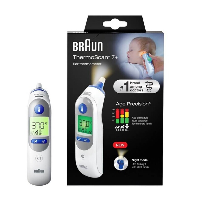 Braun ThermoScan 7+ IRT6525, termometru pentru urechi cu Age Precision și mod de noapte