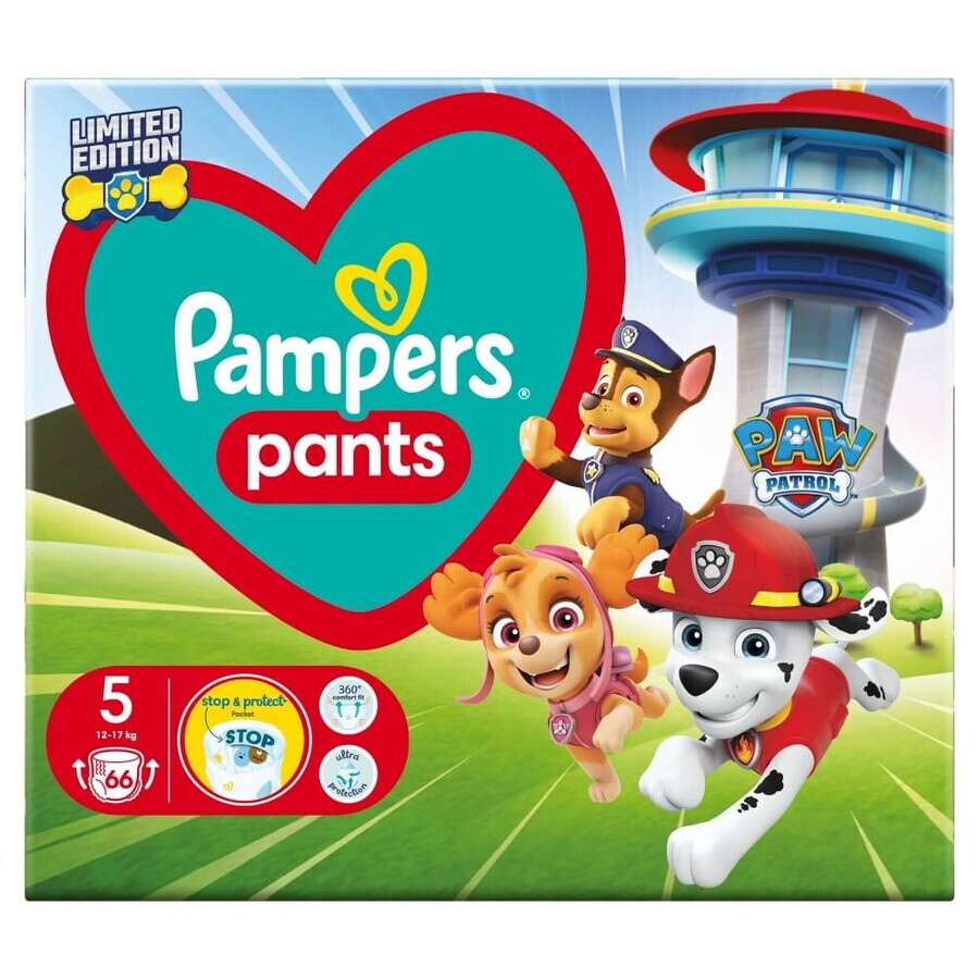 Pampers Pants, pantalones pañales, Paw Patrol, talla 5, 12-17 kg, 66 piezas