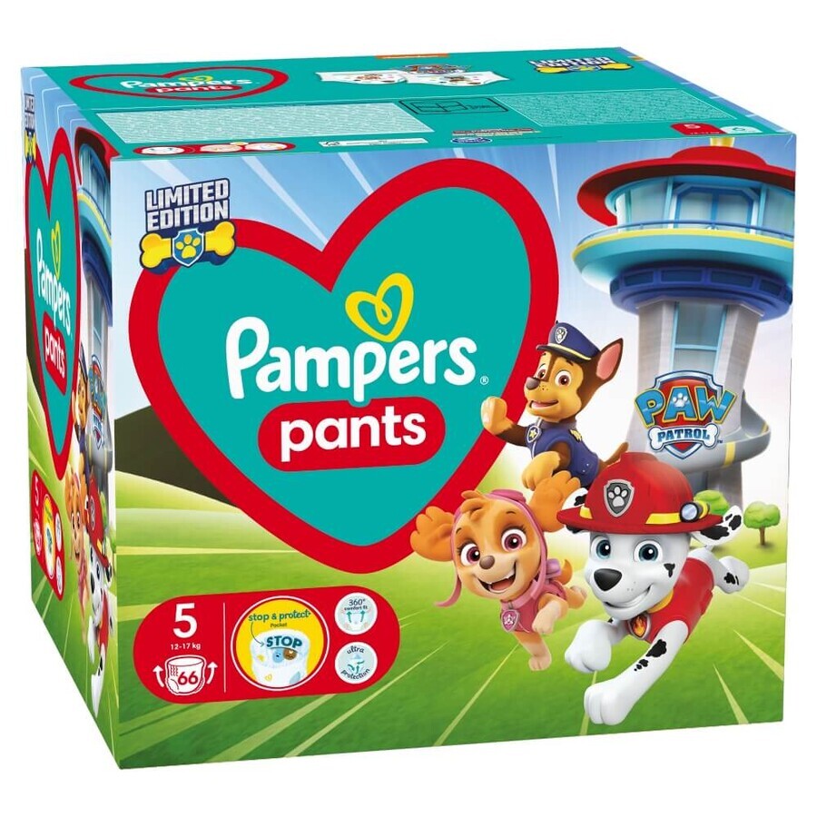 Pampers Pants, pantalones pañales, Paw Patrol, talla 5, 12-17 kg, 66 piezas