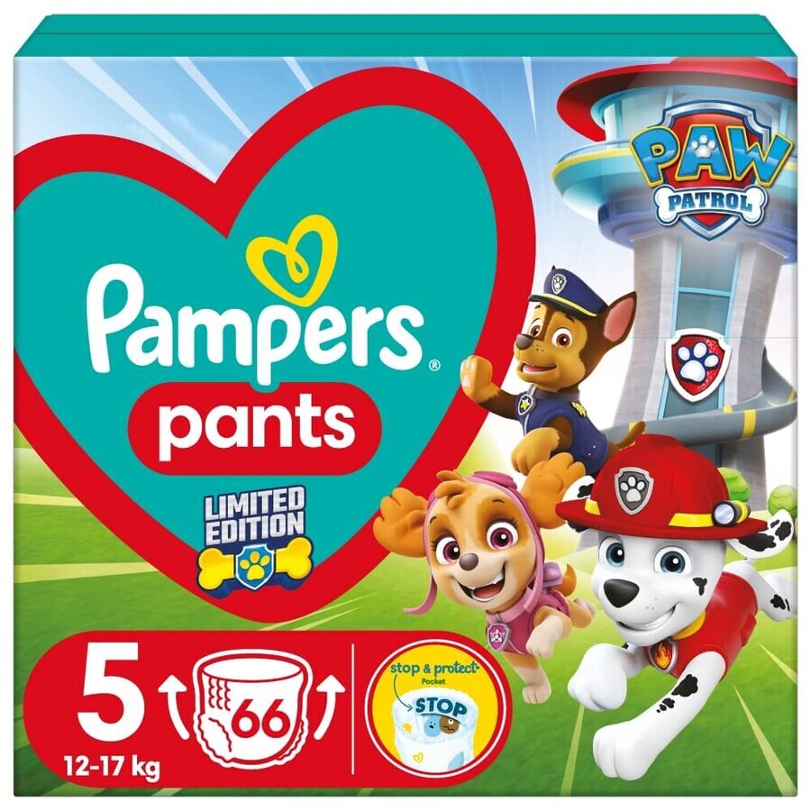 Pampers Pants, pantalones pañales, Paw Patrol, talla 5, 12-17 kg, 66 piezas