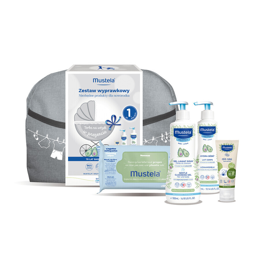 Mustela luierverzorgingsset, wasgel, 500 ml + bodymilk, 300 ml + luiercrème 75 ml + vochtige doekjes, 60 stuks