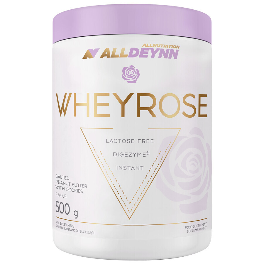 Allnutrition Alldeynn WheyRose, gusto burro di arachidi con sale dell'Himalaya e pezzi di biscotto senza zucchero, 500 g