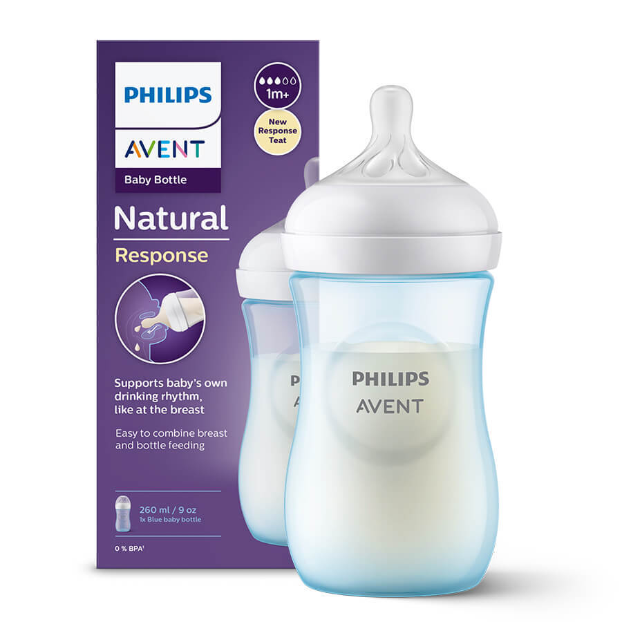 Avent Natural Response, biberon avec tétine réactive, bleu, débit 3, SCY903/21, après 1 mois, 260 ml