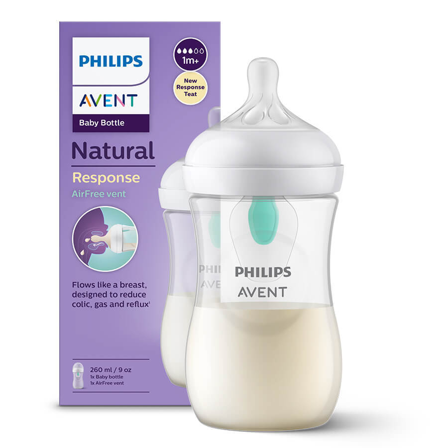 Avent Natural Response, Flasche mit ansprechendem Sauger, mit AirFree-Ventil, Durchfluss 3, SCY673/01, nach 1 Monat, 260 ml 