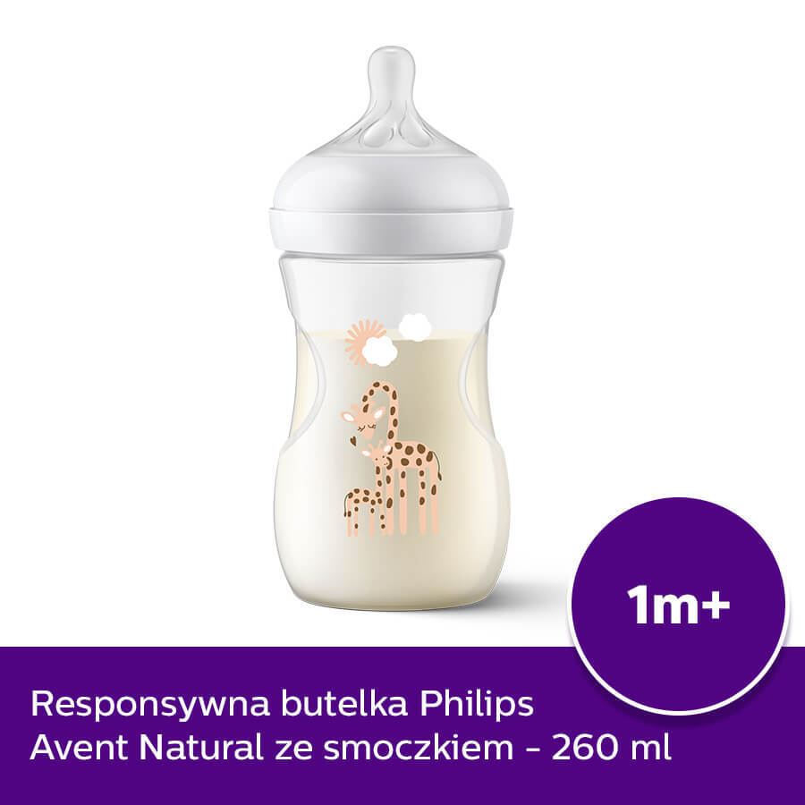 Avent Natural Response, biberon avec tétine réactive, girafes, débit 3, SCY903/66, après 1 mois, 260 ml 