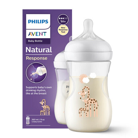 Avent Natural Response, biberon avec tétine réactive, girafes, débit 3, SCY903/66, après 1 mois, 260 ml 