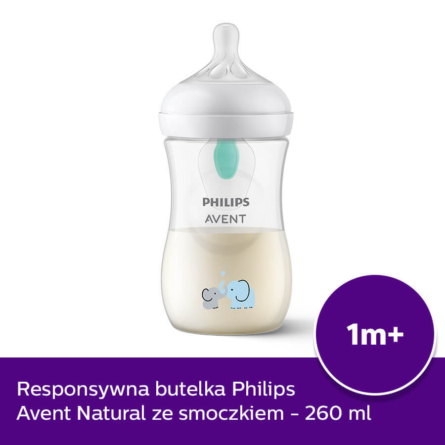 Avent Natural Response, fles met responsieve speen, met AirFree-ventiel, olifant, doorstroom 3, SCY673/81, na 1 maand, 260 ml