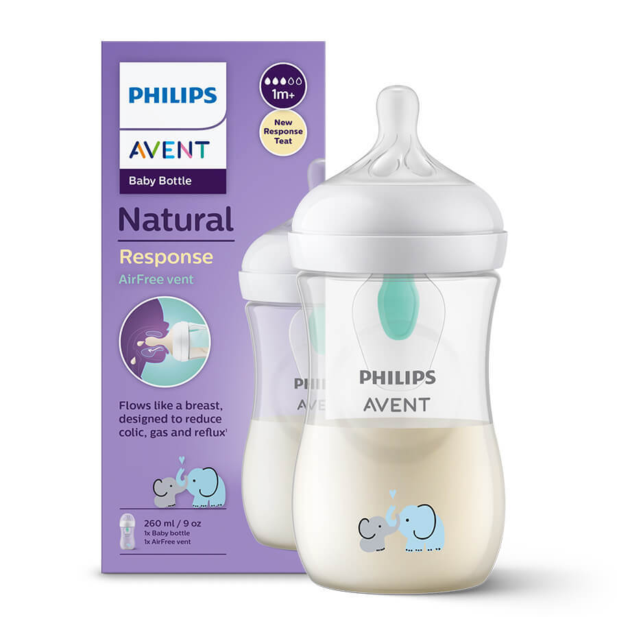 Avent Natural Response, fles met responsieve speen, met AirFree-ventiel, olifant, doorstroom 3, SCY673/81, na 1 maand, 260 ml