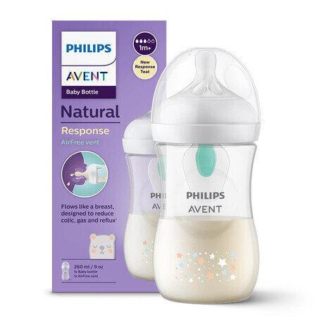 Avent Natural Response, biberon con tettarella reattiva, con valvola AirFree, orsacchiotto, flusso 3, SCY673/82, dopo 1 mese, 260 ml