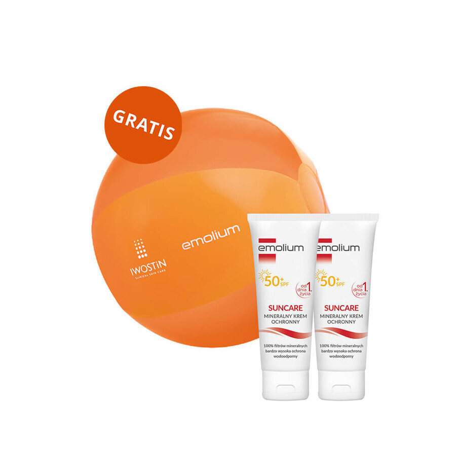 Set Emolium Suncare, mineralische Schutzcreme für Kinder ab dem 1. Tag und Erwachsene, SPF 50+, 2 x 50 ml + gratis Strandball