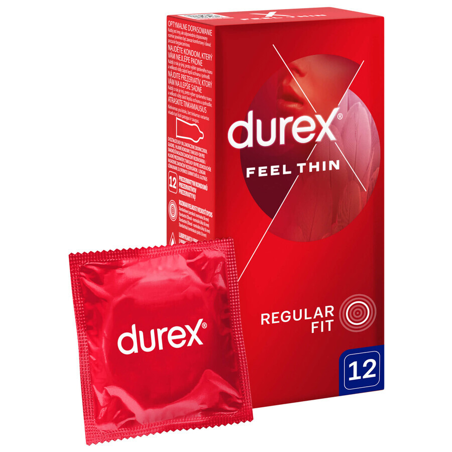 Durex Feel Thin Classic, Kondome mit mehr Gleitmittel, dünn, 12 Stück