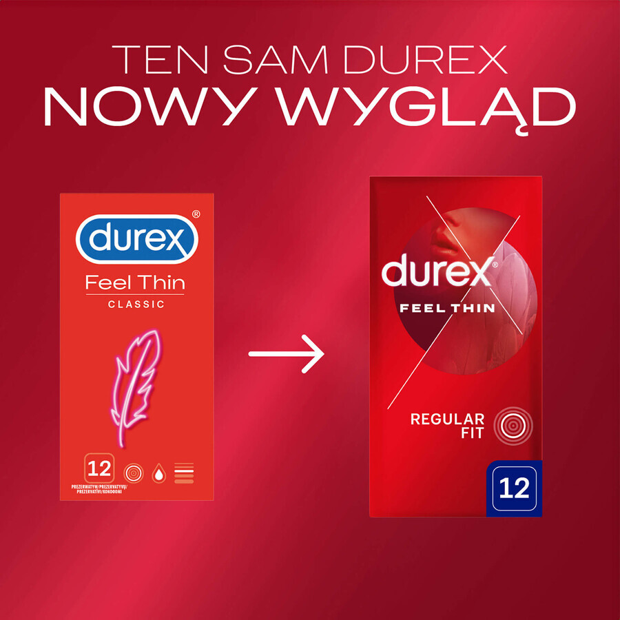 Durex Feel Thin Classic, Kondome mit mehr Gleitmittel, dünn, 12 Stück