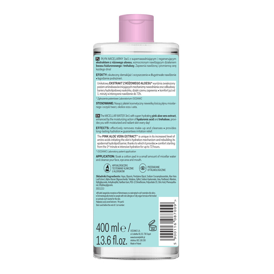 AA Aloe Pink, loțiune micelară 3în1, toate tipurile de piele, 400 ml