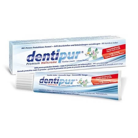 Cremă super adezivă cu mușețel și salvie Dentipur Premium, 40 g, Helago Pharma