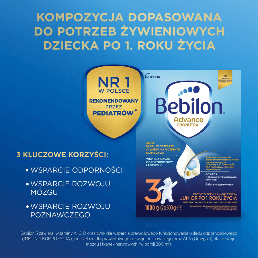 Bebilon Advance Pronutra 3 Junior, leche maternizada nutritiva, a partir de 1 año, 3 x 1000 g