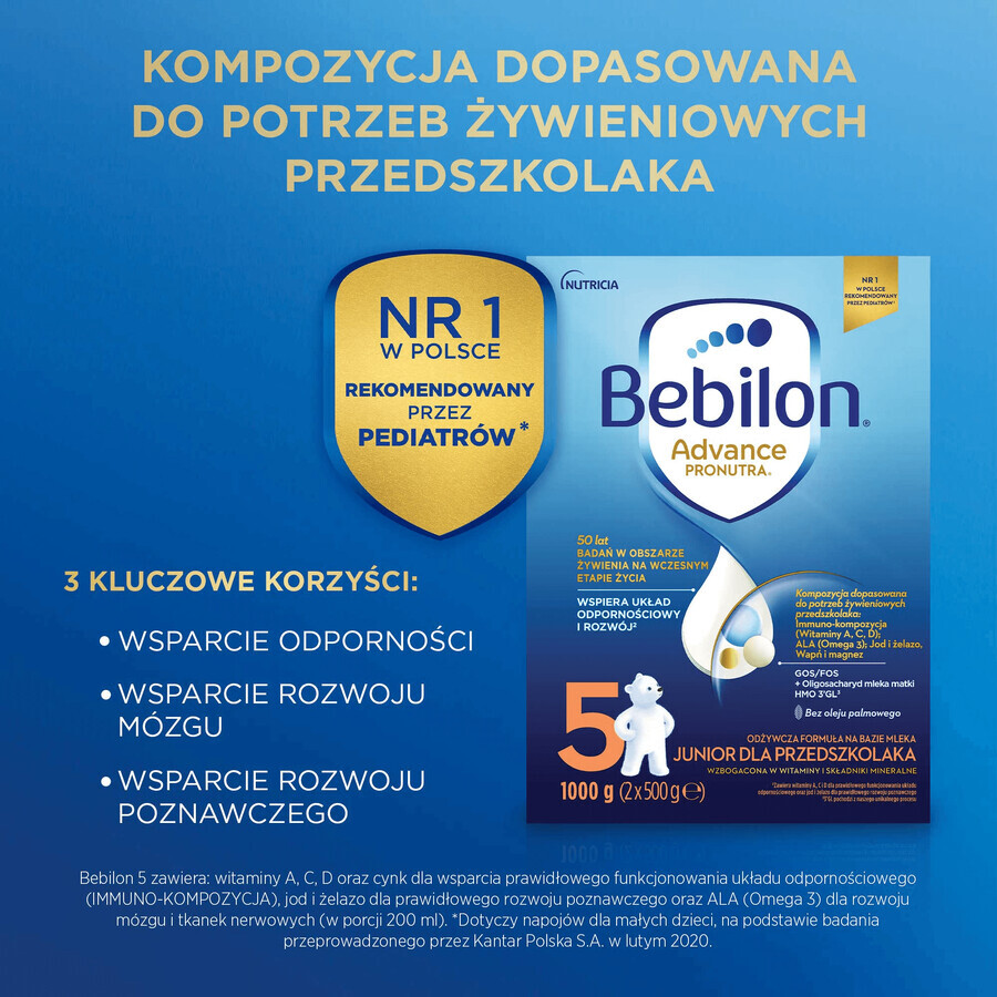 Set Bebilon Advance Pronutra 5 Junior, formula nutriente a base di latte, per bambini in età prescolare, 3 x 1000 g