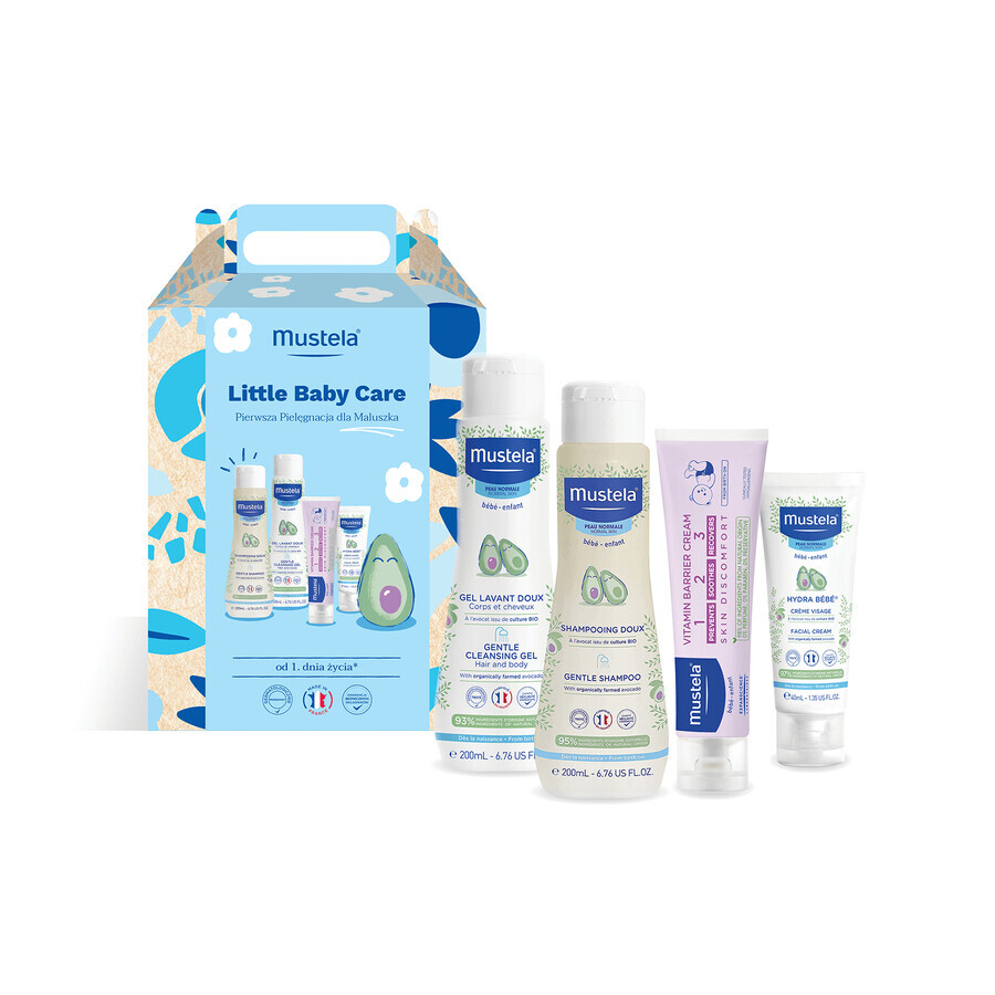 Mustela Little Baby Care set, gel lavant, 200 ml + shampooing, 200 ml + crème visage, 40 ml + crème à langer 1-2-3, 50 ml