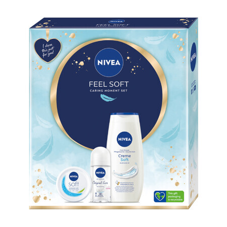 Nivea Feel Soft Set, Intensive moisturizing cream for face, body and hands, 100 ml + Original Care, roll-on antiperspirant, 48h, 50 ml + Creme Soft, shower gel, 250 ml