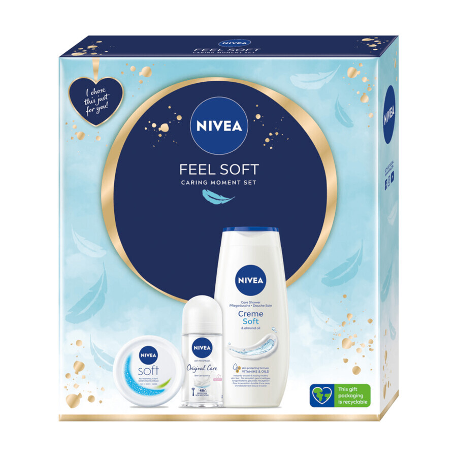 Nivea Feel Soft Set, Intensive moisturizing cream for face, body and hands, 100 ml + Original Care, roll-on antiperspirant, 48h, 50 ml + Creme Soft, shower gel, 250 ml