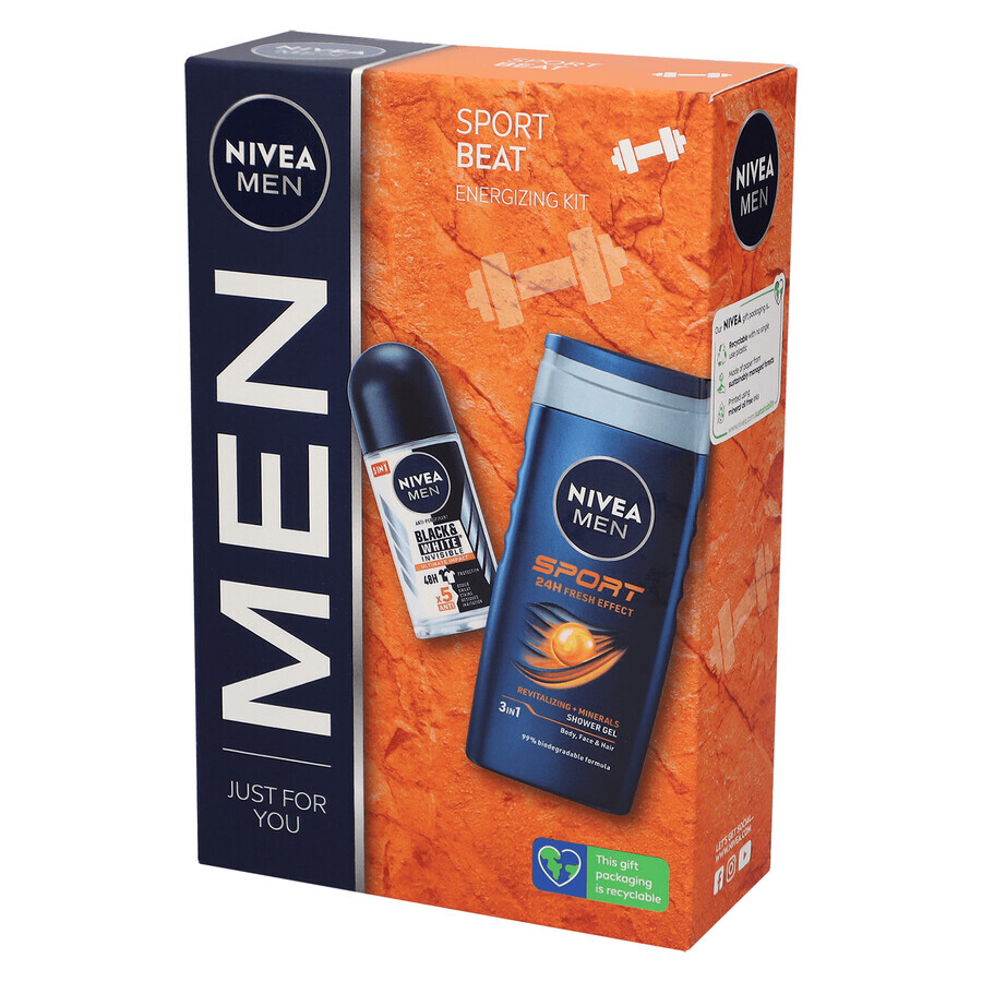 Set Nivea Men Sport Beat, antiperspirant roll-on, 48h, Ultimate Impact, 50 ml + gel de duș 3 în 1 pentru față, corp și păr, 250 ml