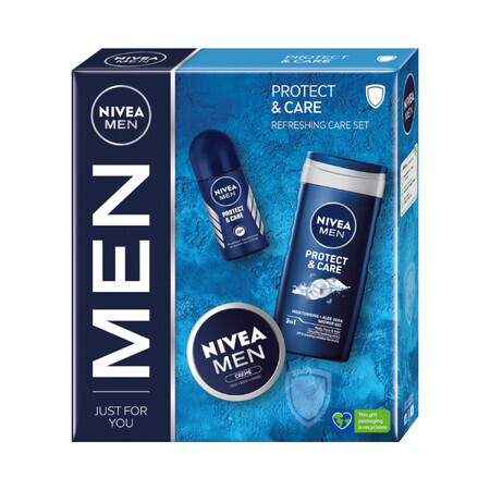 Set Nivea Men Protect &amp; Care, gel douche 3-en-1 pour le visage, le corps et les cheveux, 250 ml + roll-on anti-transpiration, 48h, 50 ml + crème pour le visage, le corps et les mains, 75 ml