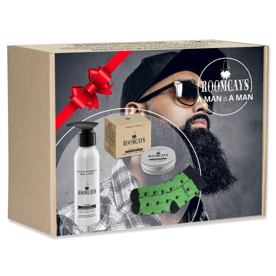 Roomcays Set NO. 12, Bartshampoo, 120 ml + Schnurrbartformungswachs, 30 ml + Socken, 1 Stück