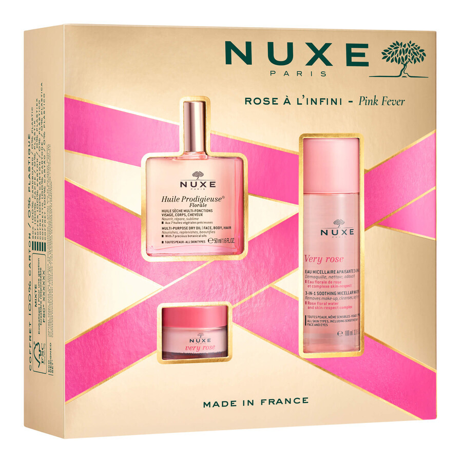 Set Nuxe Huile Prodigieuse Florale, ulei uscat, 50 ml + Very Rose, balsam de buze cu trandafiri, 15 g + Very Rose, apă micelară 3 în 1, 100 ml