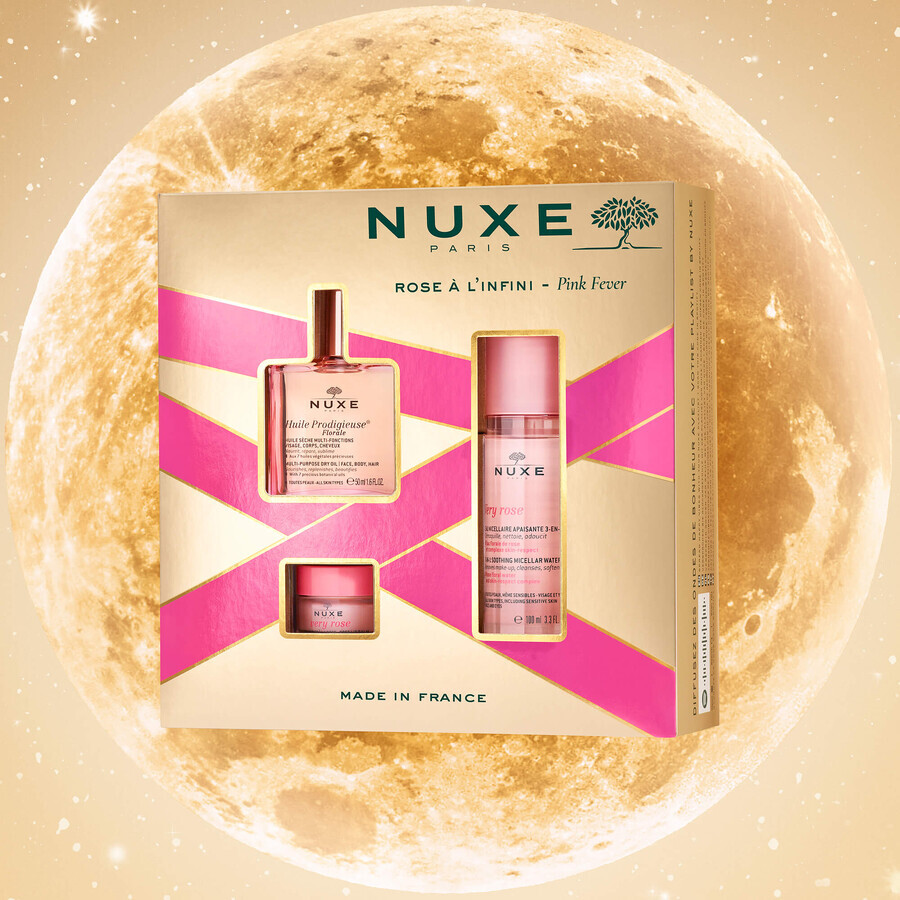 Set Nuxe Huile Prodigieuse Florale, ulei uscat, 50 ml + Very Rose, balsam de buze cu trandafiri, 15 g + Very Rose, apă micelară 3 în 1, 100 ml