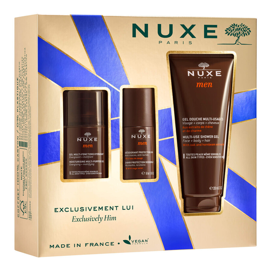 Set Nuxe Men, gel hidratant facial multifuncțional, 50 ml + deodorant roll-on, 50 ml + gel de duș, 200 ml