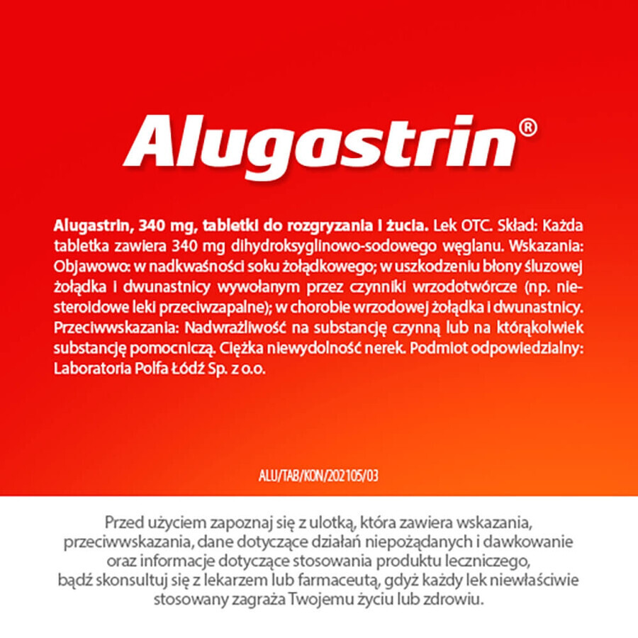 Alugastrin 340 mg, aromă de mentă, 40 comprimate masticabile