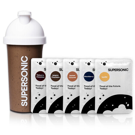 Supersonic Food Powder Smart Starter Pack, gemischte Geschmacksrichtungen, 5 x 100 g + Shaker, 700 ml