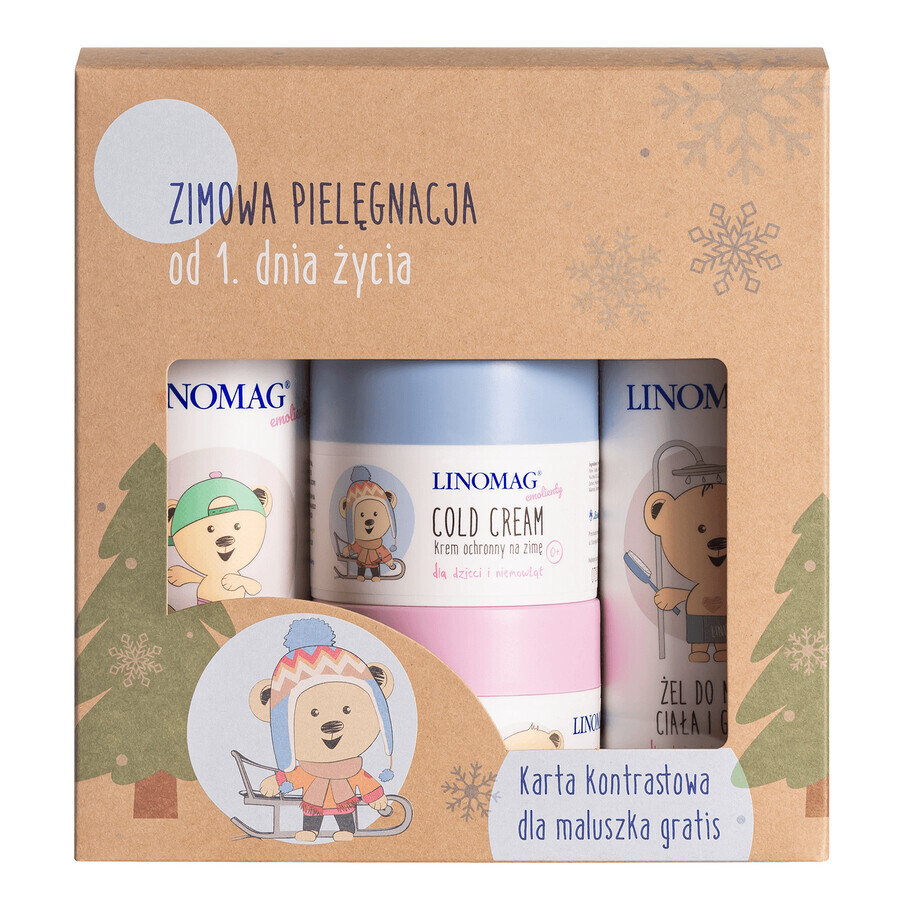 Linomag Winterverzorgingsset, olijf, 200 ml + beschermingscrème, 50 ml + bodywashgel, 200 ml + wintercrème, 50 ml + gratis contrastkaart