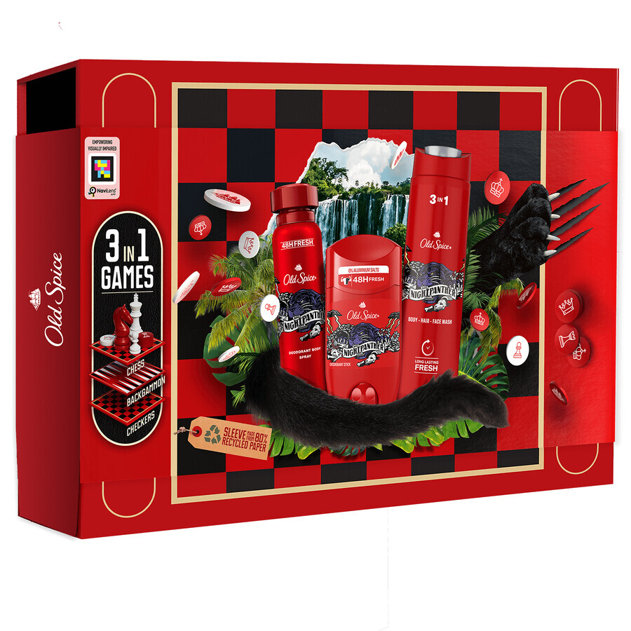 Old Spice Gamebox set, déodorant, stick, Night Panther, 50 ml + déodorant, spray, 150 ml + gel douche, 250 ml + jeu de société, 3 pièces