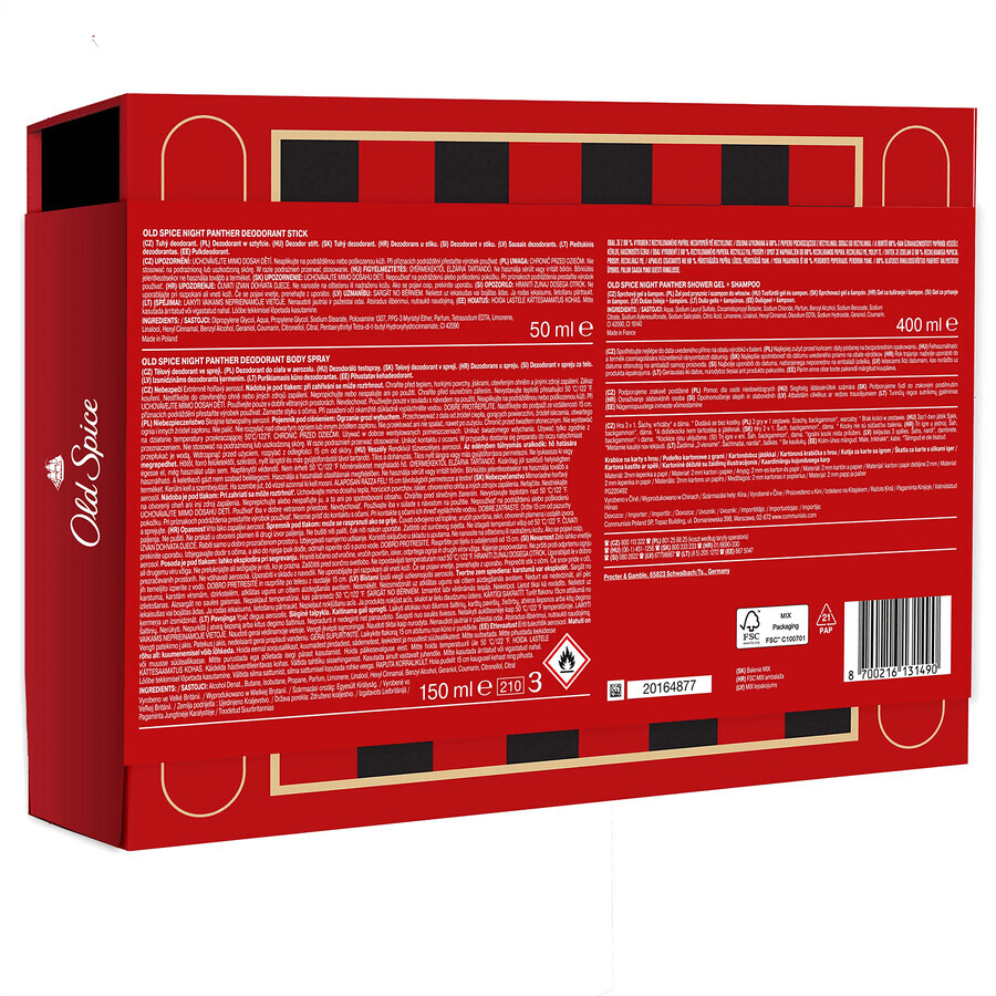 Old Spice Gamebox set, déodorant, stick, Night Panther, 50 ml + déodorant, spray, 150 ml + gel douche, 250 ml + jeu de société, 3 pièces