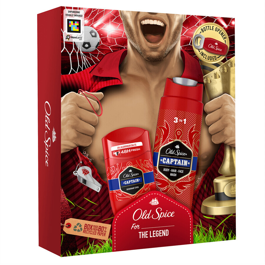 Old Spice Voetbalset, stick deodorant, Captain, 50 ml + 3-in-1 douchegel, Captain, 250 ml + flesopener