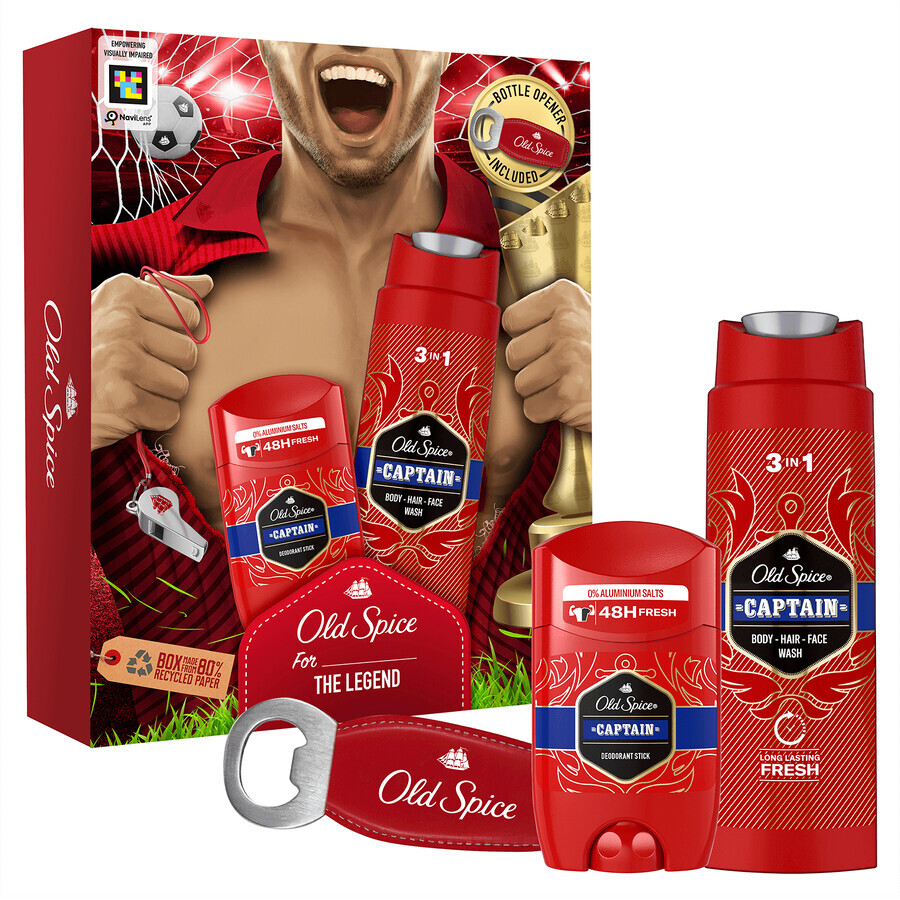 Old Spice Voetbalset, stick deodorant, Captain, 50 ml + 3-in-1 douchegel, Captain, 250 ml + flesopener